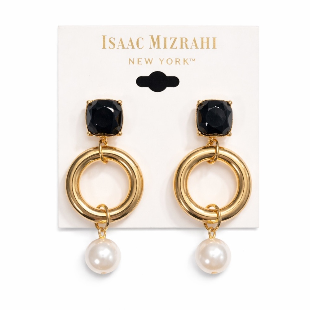 Isaac Mizrahi New York Gold Hoop Drop Earrings Pearl Accent NEW